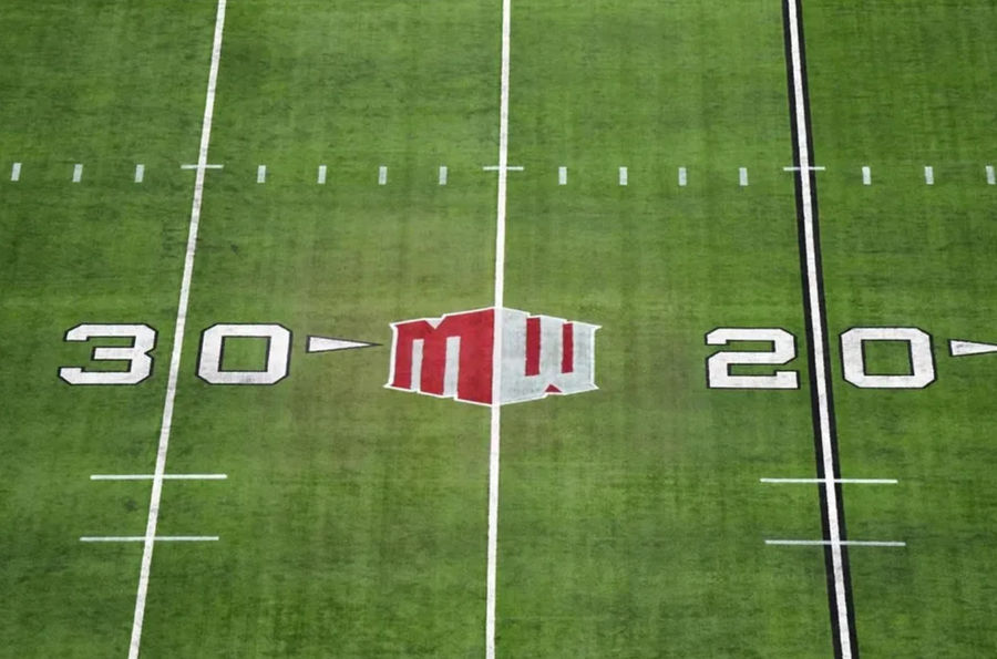 Dec 2, 2023; Las Vegas, NV, USA; The Mountain West conference logo on the field at Allegiant Stadium. credits: Kirby Lee-USA TODAY Sports