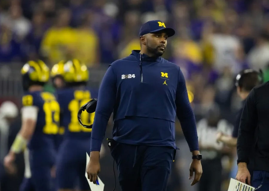 Jan 8, 2024; Houston, TX, USA; Michigan Wolverines offensive coordinator Sherrone Moore against the Washington Huskies during the 2024 College Football Playoff national championship game at NRG Stadium. credits: Mark J. Rebilas-USA TODAY Sports