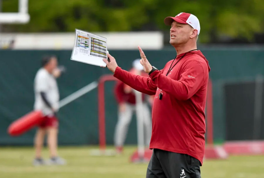 Mar 21, 2024; Tuscaloosa, Alabama, USA; Alabama head coach Kalen DeBoer gives directions during practice at the University Alabama Thursday. PHOTO USA TODAY IMAGES.