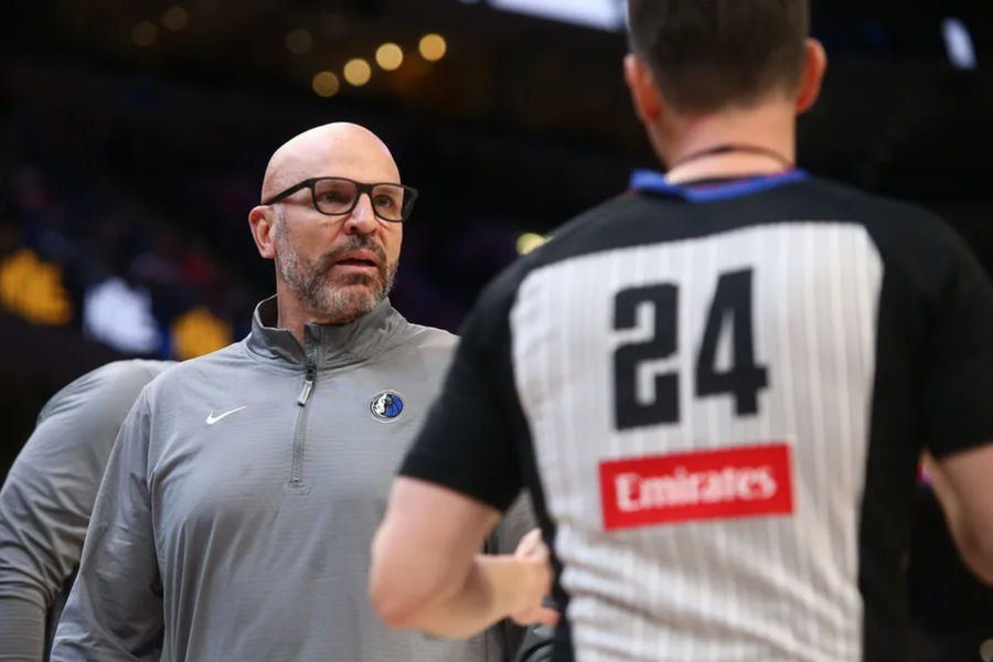Jan 6, 2025; Memphis, Tennessee, USA; Dallas Mavericks head coach Jason Kidd reacts toward an official during the fourth quarter against the Memphis Grizzlies at FedExForum. Mandatory Credit: Petre Thomas-Imagn Images