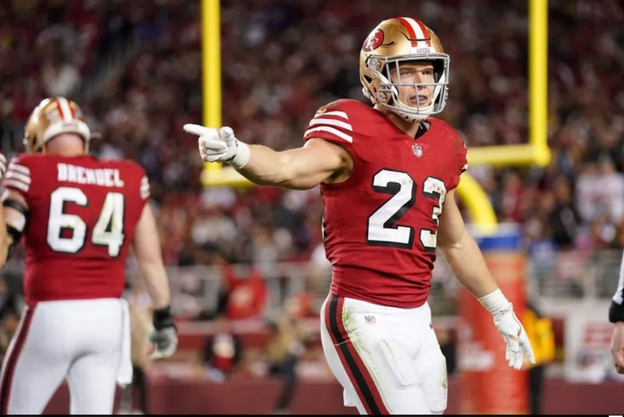 Dec 25, 2023; Santa Clara, California, USA; San Francisco 49ers running back Christian McCaffrey (23) reacts after a play against the Baltimore Ravens in the third quarter at Levi's Stadium. credits: Cary Edmondson-USA TODAY Sports