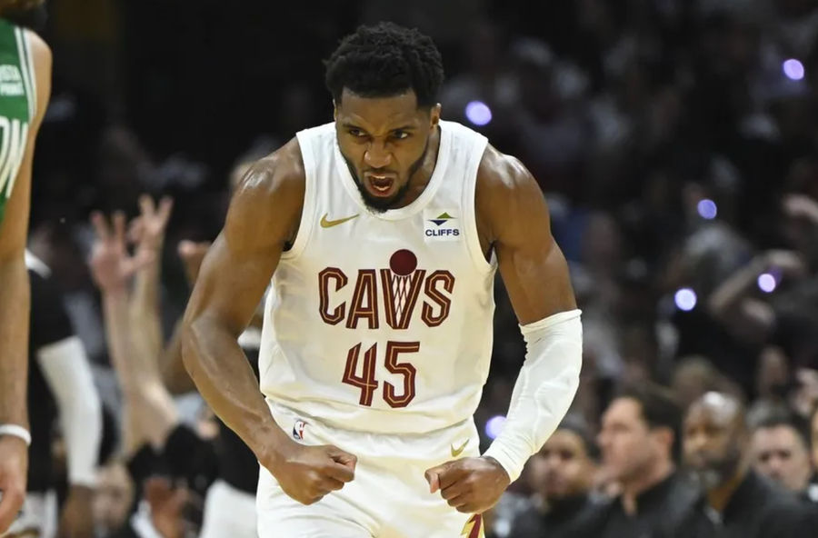 May 11, 2024; Cleveland, Ohio, USA; Cleveland Cavaliers guard Donovan Mitchell (45) reacts in the second quarter of game three of the second round of the 2024 NBA playoffs against the Boston Celtics at Rocket Mortgage FieldHouse. Mandatory Credit: David Richard-USA TODAY Sports