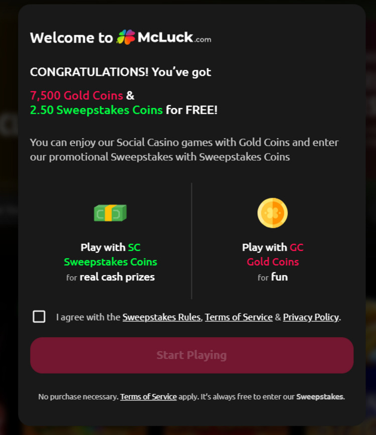 McLuck sign up bonus - no promo code required