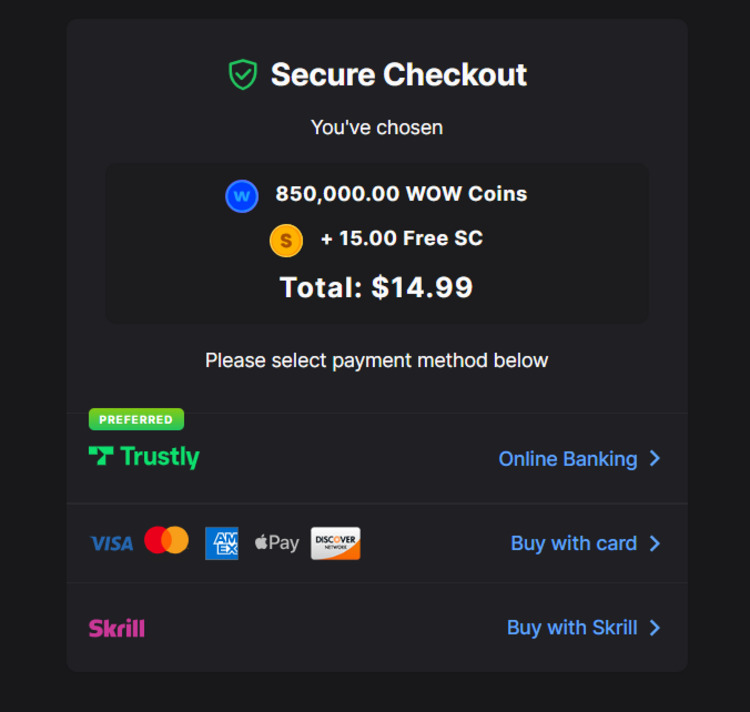 Example of payment methods available at a US sweeps coins casino (Wow Vegas)