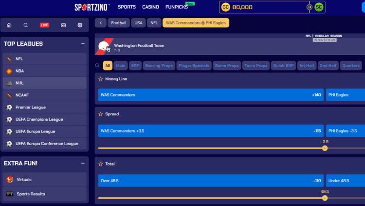 sportzino sportsbook homepage